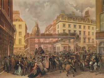Návrh nové lávky na křižovatce Ludgate Hill a Fleet Street, City of London, 1862.