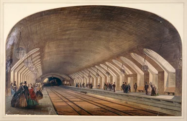 Interiér stanice Baker Street ukazuje nástupiště a blížící se vlak, Londýn, c1865