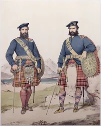 Dva muži v šatech Highland, vyryto Vincentem Brooksem, 1868