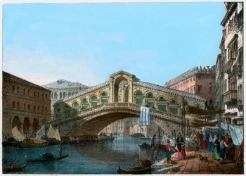 Most Rialto, Benátky, Itálie, 19. století.