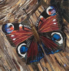Probudit motýla Peacock na hromadě dřeva