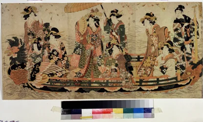 Obdivujte třešňové květy (Hanami) (Cherry Blossom Viewing, Hanami). Tisk Kitagawa Utamaro II (?-1831). Barevný lept, 37 x 76 cm. východní umění. Puškinovo muzeum, Moskva