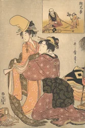 Žena, která obléká dívku pro tanec Kabuki „Musume Dojoji..., ca. 1795-96.