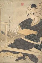 Žena tkající, sedící u ručního tkalcovského stavu, ca. 1796.