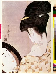 Žena si ve stínu pudruje šíji. Japonský tisk od Kitagawy Utamara (1753-1806). 0,37 x 0,22 m. 1795-1796. Paříž, Musée Guimet, Národní muzeum asijského umění