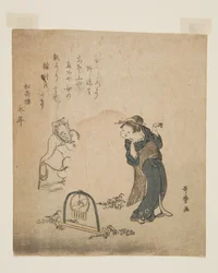 Fox Catching a Woman (barevný dřevořez)