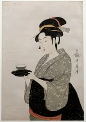 Portrét Mother Wire. Portrét ženy. Japonský tisk Utamaro Kitagawa (1753 - 1806) styl Ukiyo-E, cca 1793. Paříž, Guimetovo muzeum