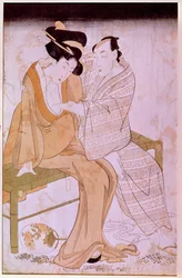 Zobrazení japonského páru, který se na lavičce navzájem laská. Tisk od Kitagawy Utamara (1753-1806). Rozměry: 0,38 x 0,245 m. Paříž, Musée Guimet, Národní muzeum asijského umění