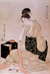 Šití, série ženských ručních prací: švadlena přestřihující nit zuby. Japonský tisk od Utamara Kitagawy (1753-1806). Rozměry: 0,37x0,26 m. 18. století. Paříž, Guimetovo muzeum, Národní muzeum asijského umění