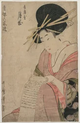 Kurtizána Tsukioka z Hyogoya Rolling a Letter, konec 90. let 18. století.