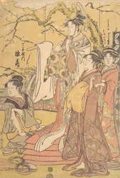 Oiran Hinazuru z Chojiya stojící na hromadě futonu, ca. 1794.