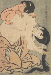 Yamauba Česající si vlasy a Kintoki, ca. 1801.