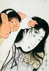 Jamauba a Kintaro, populární postavy z japonského folklóru, ukiyo-e art print by Kitagawa Utamaro (1753-1806), dřevoryt, japonská civilizace, období Edo