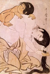 Yamauba a Kintoki Matka si češe vlasy, zatímco nosí své dítě na zádech. Japonský tisk Utamaro Kitagawa (1753-1806). 18. století. Paříž, Guimet Museum, Asian Arts Museum