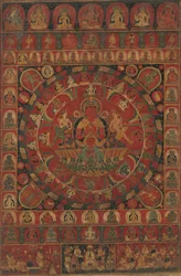 Mandala boha Slunce Surya obklopená osmi planetárními božstvy, pravděpodobně z roku 1379.
