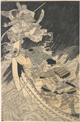 Minamoto Yoshitsune a jeho strážce, mnich Benkei..., konec 18. století.