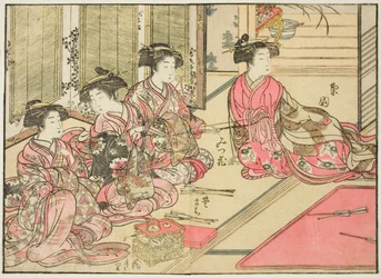Kurtizány z Kiriye, z knihy „Zrcadlo krásných žen z požitkářských čtvrtí (Seiro bijin awase sugata kagami), sv. 2