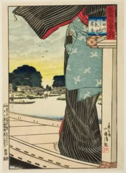 Vzdálený pohled na kopec Matsuchi při pohledu z řeky Sumida (Sumidagawa yori Matsuchiyama enkei) ze série „Sto pohledů na provincii Musashi (Musashi hyakkei no uchi)“