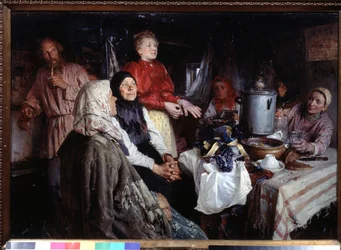 Návštěva v domě (A Home Visit). Obraz Klavdi Vasiljevič Lebeděv (1852-1916), olej na plátně