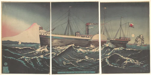 Fuji s lodí v Mihu v Sunshu (Šizuoka)