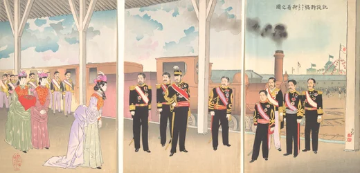 Ilustrace příjezdu císaře na stanici Shinbashi po vítězství vítězství..., 1895.