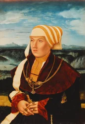Portrét Dorothey von Stralenburg ve věku 26 let, tříčtvrteční postava, v červených a černých šatech se zlatými ozdobami, před rozlehlou krajinou, 1533