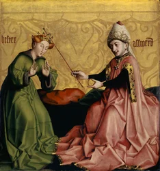 Ester před Ahasverem z Heilspiegel Altarpiece, c.1435 (kombinovaná média na dubovém panelu)