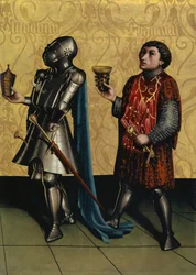 Sibbecai a Benaiah z Heilspiegel Altarpiece, c.1435 (kombinovaná média na dubovém panelu)