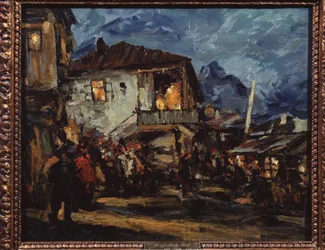 Gurzuf (Krym) (Gurzuf). Pouliční scéna v přístavní vesnici s dřevěnými domy. Obraz Konstantina Alexejeviče Korovina (Constantin Korovin) (1861-1939), olej na plátně