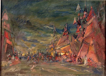Vojenský tábor Polovců (nebo Couman, Kuman). Přípravná výzdoba pro operu ""Princ Igor"" Alexandra Borodina (Borodin) (1833-1887). Dílo Konstantina Alexejeviče Korovina (Constantin Korovin) (1861-1939), olej na kartonu