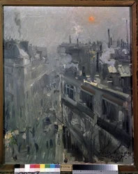 Paříž (Francie) (Paříž). Pohled na fasády bulváru Montmartre, podzimní ráno. Obraz Konstantina Alexejeviče Korovina (Constantin Korovin) (1861-1939), olej na plátně