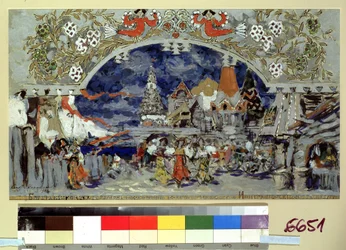 Scénografie k baletu Malý hrbatý kůň od Cesare Pugniho (scéna k baletu Malý hrbatý kůň od C. Pugniho). Dílo Konstantina Alexejeviče Korovina (Constantin Korovin) (1861-1939), kvaš, zlato a stříbro na kartonu