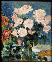 Růže (růže). Obraz Konstantina Alexejeviče Korovina (Constantin Korovin) (1861-1939), olej na plátně, kolem roku 1930. Zátiší, ruské umění 20. století, postimpresionismus. State Art useum, Jaroslavl (Rusko).