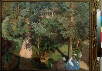 Důvěry. (Dvě ženy na lavičce, v parku se stromy.) Obraz Konstantina (Constantina) Andrejeviče Somova (1869-1939), olej na kartonu