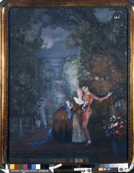 Harlekýn a dáma, 1912 (wc a kvaš na kartonu)
