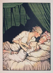 Ilustrace ke «Knize markýzy» Franze Bleieho (markýza s odhalenými prsy, ležící ve své posteli se svým milencem) - dílo Konstantina Andrejeviče Somova (1869-1939), lept