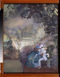 Pierrot a žena. (Flirtování na maškarním plese). Dílo Konstantina (Constantina) Andrejeviče Somova (1869-1939), kvaš na papíře