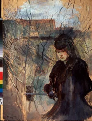 Jaro. Žena v černém, melancholického výrazu a se sklopeným pohledem, opřená o úzké zábradlí. Dílo Konstantina Andrejeviče Somova (1869-1939)