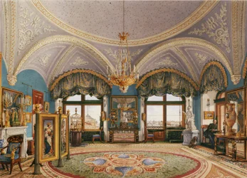 Interiéry Zimního paláce. Rohový přijímací pokoj císaře Mikuláše I., polovina 19. stol.