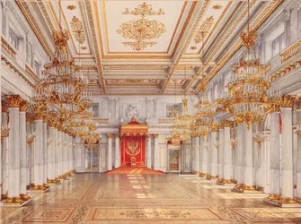 George Hall, Velký trůnní sál, Zimního paláce v Petrohradě - dílo Konstantina Andrejeviče Ukhtomského (Constantin Oukhtomsky) (1818-1881), akvarel na pa