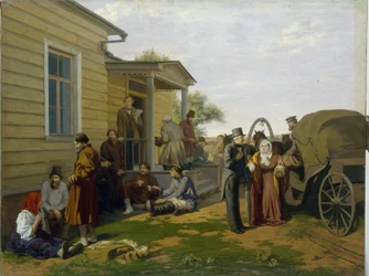 Smírčí soudce. Budova soudu na ruském venkově, rolníci čekají a hovoří, právníci jsou zaneprázdněni. Obraz Konstantina Apollonoviče Savického (1844-1905), ruské umění, 19. století