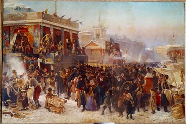 Balladins na náměstí Admiraut v St. Petersburg Street Theatre Show. Obraz Konstantina Makovského (Makovského) (1839-1915) (ek.rus.) 1869 Moskva, Treťjakovská galerie