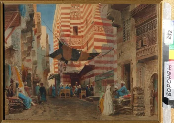 V ulicích Káhiry (Egypt). Umělecké dílo Konstantina Jegoroviče Makovského (Constantin Makovsky) (1839-1915), umělecké dílo na papíře