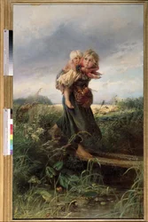 Děti utíkají před bouřkou. Obraz Konstantina Jegoroviče Makovského (Constantin Makovsky) (1839-1915), olej na plátně