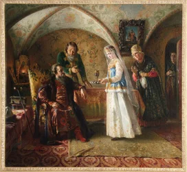 Každodenní život v ruském bojarském domě v 17. století. V Domostroji Moskevského velkoknížectví je mladá žena v svatebních šatech představena svému manželovi. Ona
