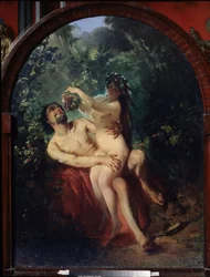 Satyr a nymfa. Nahý a opilý pár, nymfa na satyrových kolenou ho krmí hroznem vína, utrženým z vinic, které je obklopují. Obraz Konstantina Jegoroviče Makovského (Constantin Makovski) (1839-1915)