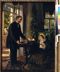 Chatelaine na zámku. (Stará dáma si vezme čaj, který jí podává sluha, který ji obdaruje chlebem a marmeládou). Obraz Konstantina Jegoroviče Makovského (Constantin Makovsky) (1839-1915), olej na plátně