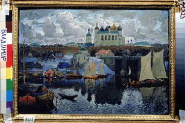 Most v Novgorodu (Rusko) (Novgorod, molo). Obraz Konstantina (Constantina) Ivanoviče Gorbatova (1876-1945), olej na plátně