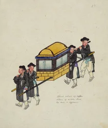 Čtyři nosiči nesoucí úředníka v "gama" nebo nosítkách, kolem roku 1890
