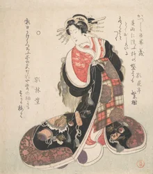 Kurtizána oblečená v propracovaných šatech s vyšívanými emblémy štěstí, ca. 1800.